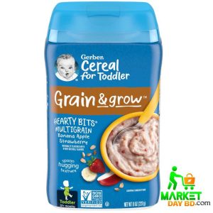 Gerber Hearty Bits Multigrain Cereal 227g with banana, apple, and strawberry for toddlers 12+ months, imported from USA.