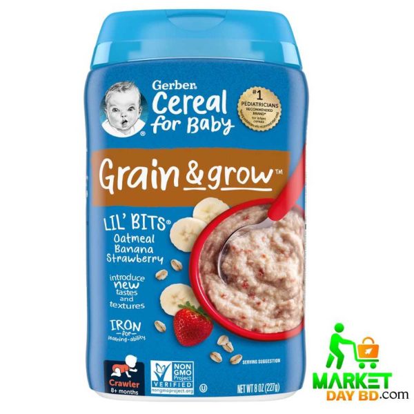 Gerber Lil' Bits Oatmeal Banana & Strawberry Cereal 227g for babies 8+ months, USA imported, available at Market Day BD.