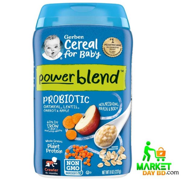 Gerber Powerblend Probiotic Cereal Oatmeal Lentil Carrot & Apple 227g, for babies 8+ months, USA-imported, available at Market Day BD.