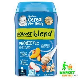 Gerber Powerblend Probiotic Oatmeal Lentil Peach & Apple Baby Cereal – 227g, a nutritious first food for babies 6+ months, available at Market Day BD.