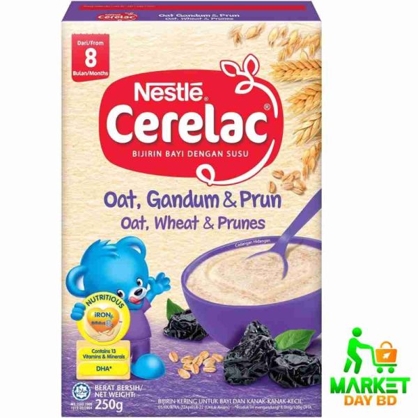 Nestlé Baby Cerelac Oat Wheat & Prunes – 250gm, nutritious baby cereal for 8+ months, enriched with vitamins and minerals for Bangladeshi families.