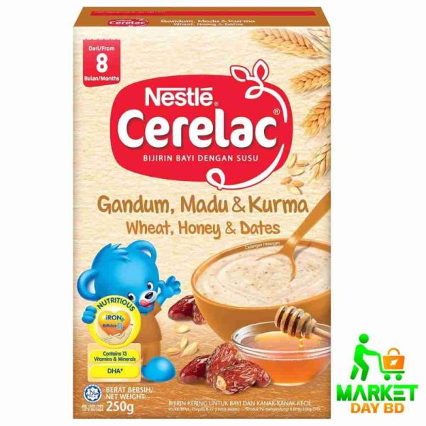 Nestlé Baby Cerelac Wheat Honey & Dates – 250gm in a vibrant package showing 8+ months indication and a bowl of porridge.