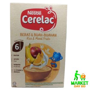 Nestlé Cerelac Rice & Mixed Fruit 250gm, perfect first solid food for babies 6 months and older, enriched with vitamins and minerals.