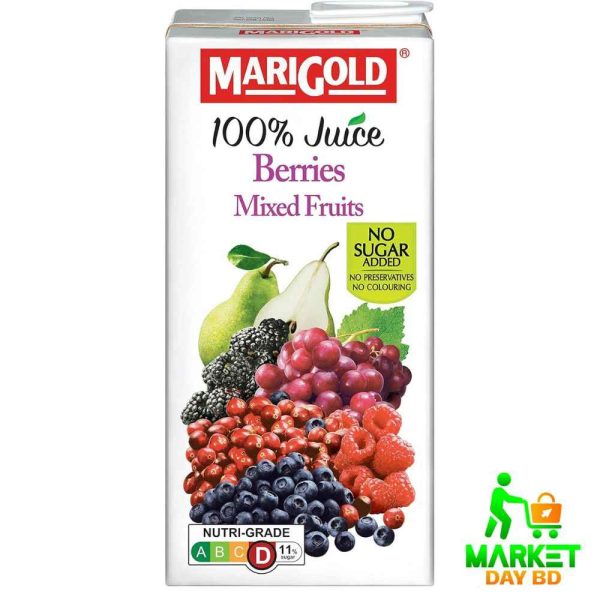 Marigold 100% Juice Pear & Mixed Berries 1L pack, no sugar added, healthy fruit beverage.