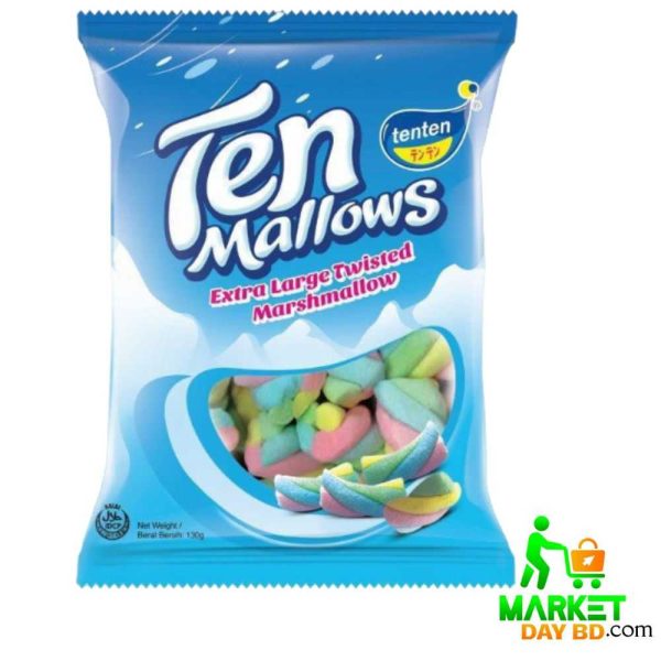 Ten Mallows Extra Large Twisted Marshmallow 130gm – Soft, chewy marshmallows in twisted shapes, made in Malaysia.