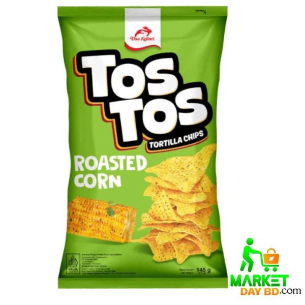 Tos Tos Tortilla Chips Roasted Corn 145gm pack with bold yellow and corn-themed design.