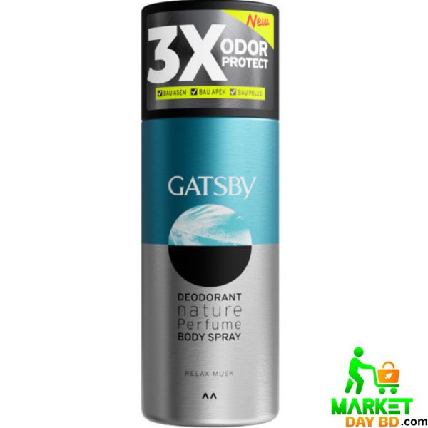 Gatsby Deodorant Body Spray Relax Musk 150ml – Long-lasting musk fragrance and 24-hour odor protection for men.