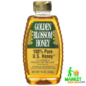 Golden Blossom Honey 454g jar with a premium blend of clover, orange blossom, and alfalfa honeys from the USA.