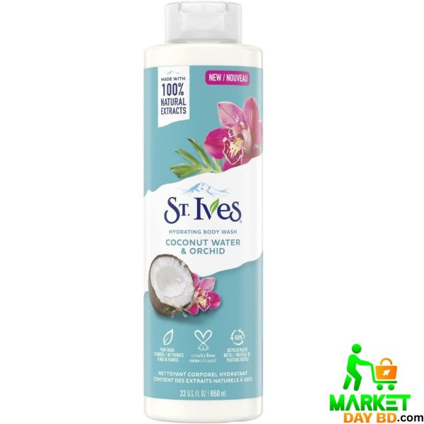 St. Ives Hydrating Body Wash Coconut Water & Orchid – 650ml for soft, hydrated skin.