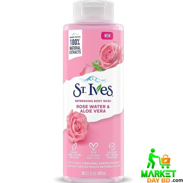 St. Ives Rose Water & Aloe Vera Refreshing Body Wash – 473ml (USA), floral and hydrating body care.