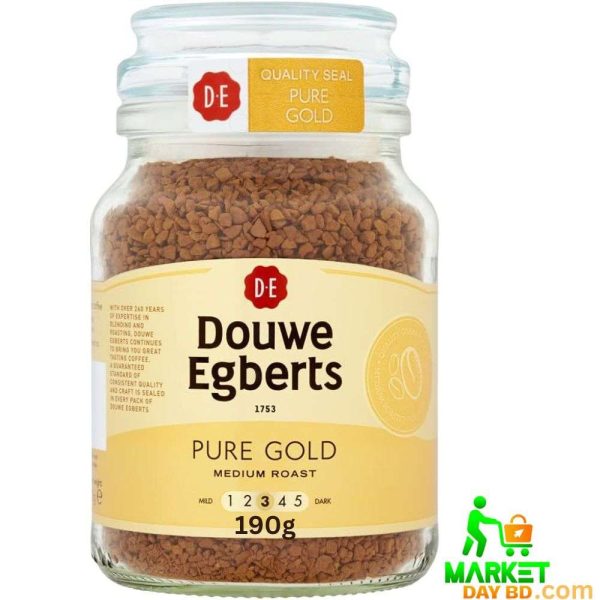 Douwe Egberts Pure Gold Instant Coffee 190g – premium quality instant coffee in a sleek, resealable jar.