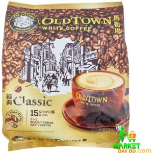 OLDTOWN 3-in-1 White Coffee Classic 570g – Malaysian instant coffee sachets with a rich, creamy cup beside the pack.