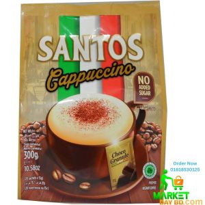 Santos Cappuccino No Added Sugar – 20 sachets of rich and creamy instant cappuccino in premium packaging.