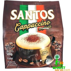 Santos Cappuccino No Added Sugar 500g – A box of premium cappuccino sachets with a rich and creamy frothy cup beside it.