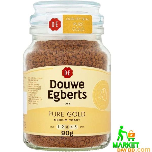 Douwe Egberts Pure Gold Instant Coffee 90g – premium instant coffee in a resealable glass jar, offering smooth, rich flavor.